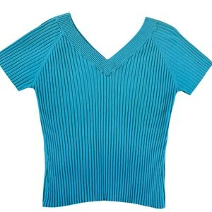 Chadwicks Ribbed Knit Teal Short Sleeve V Neck Y2K Top Stretch Size XL